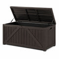 Garten-Aufbewahrungsbox aus Kunststoff in Dunkelbraun, 150 × 77 × 73 cm, mit Klappdeckel und Gasdruckfedern