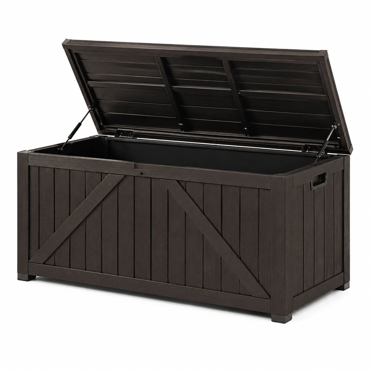 Garten-Aufbewahrungsbox aus Kunststoff in Dunkelbraun, 150 × 77 × 73 cm, mit Klappdeckel und Gasdruckfedern