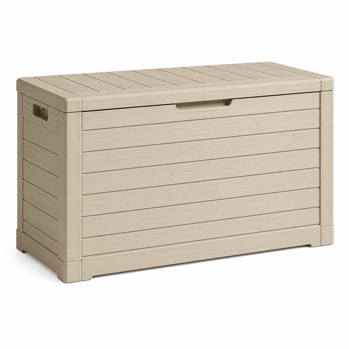 Kunststoff-Aufbewahrungsbox in Beige mit Holzoptik und Deckel, 120 × 60 × 63 cm