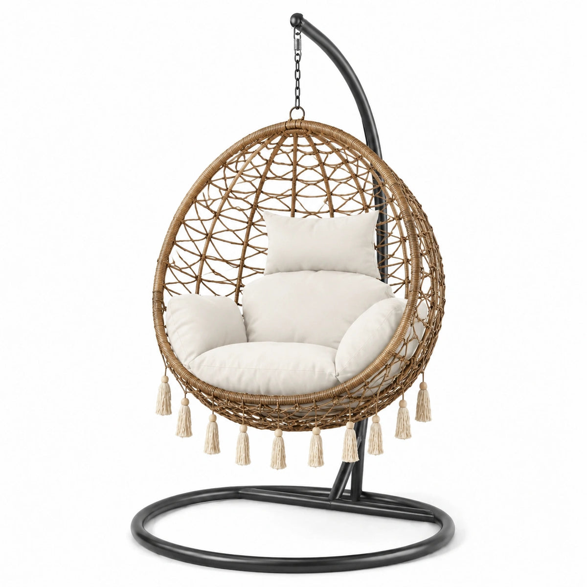 Boho-Hängesessel mit Stahlgestell, Kunststoffgeflecht und Kissen, 110 × 100 × 195 cm, Natur/Schwarz/Creme