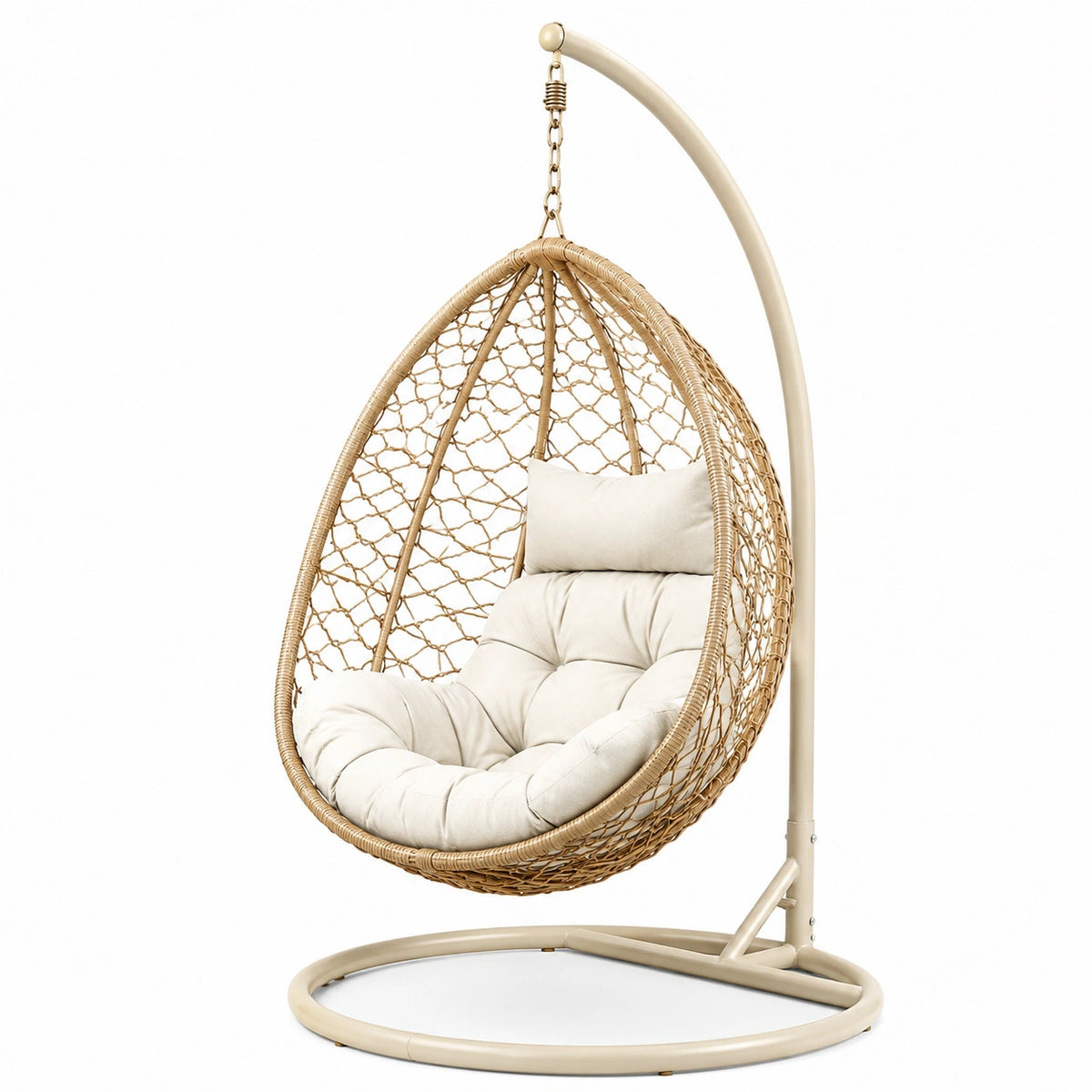 Hängesessel mit Gestell, Geflecht und Sitzkissen, 110 × 110 × 195 cm, Beige/Naturweiß