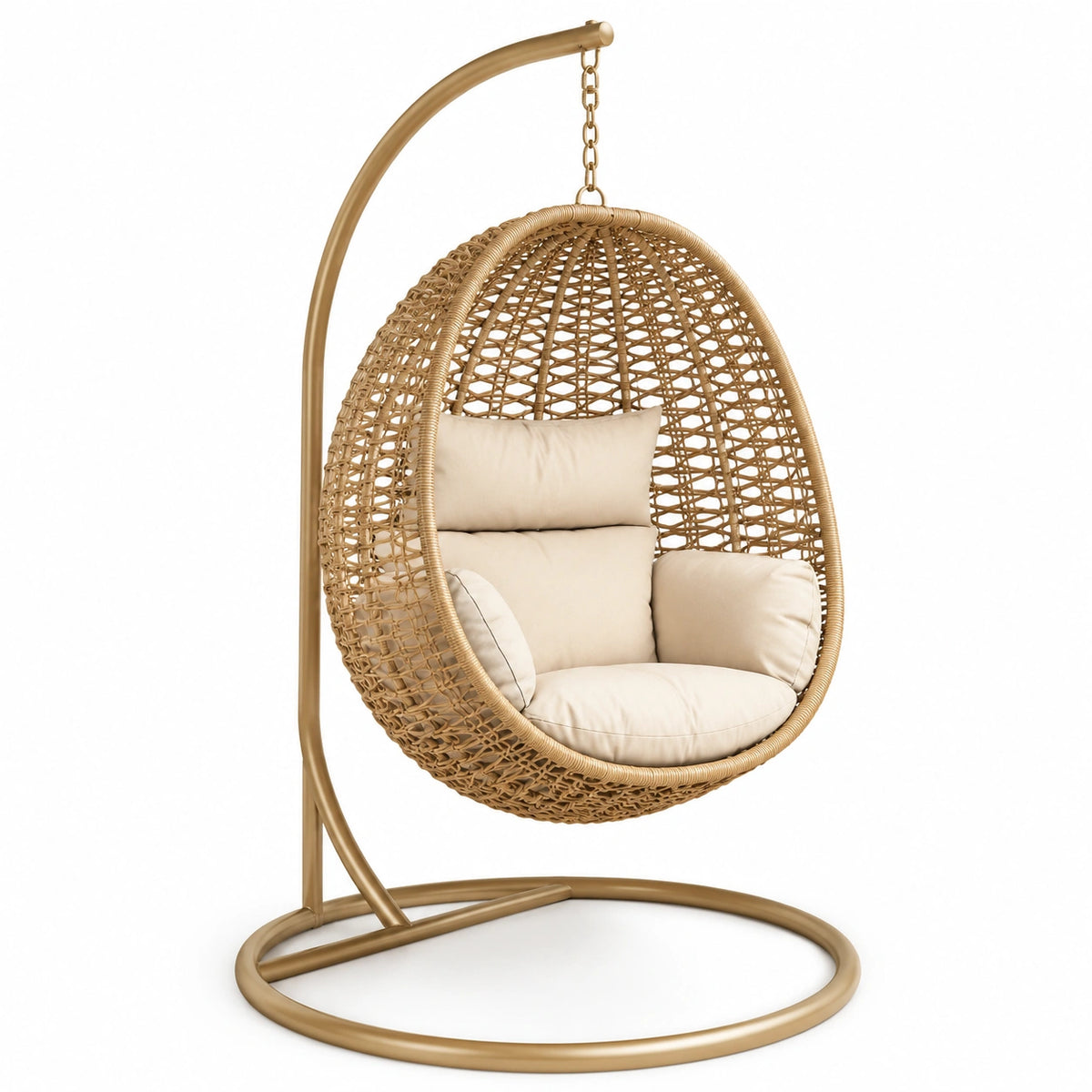 Freistehender Hängesessel 105 × 105 × 195 cm in Natur/Beige mit Flechtkorb und Metallgestell