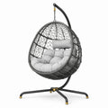 Freistehender Hängesessel mit Stahlgestell und Polyrattan-Korb, Grau/Schwarz/Gold, 105 × 105 × 195 cm