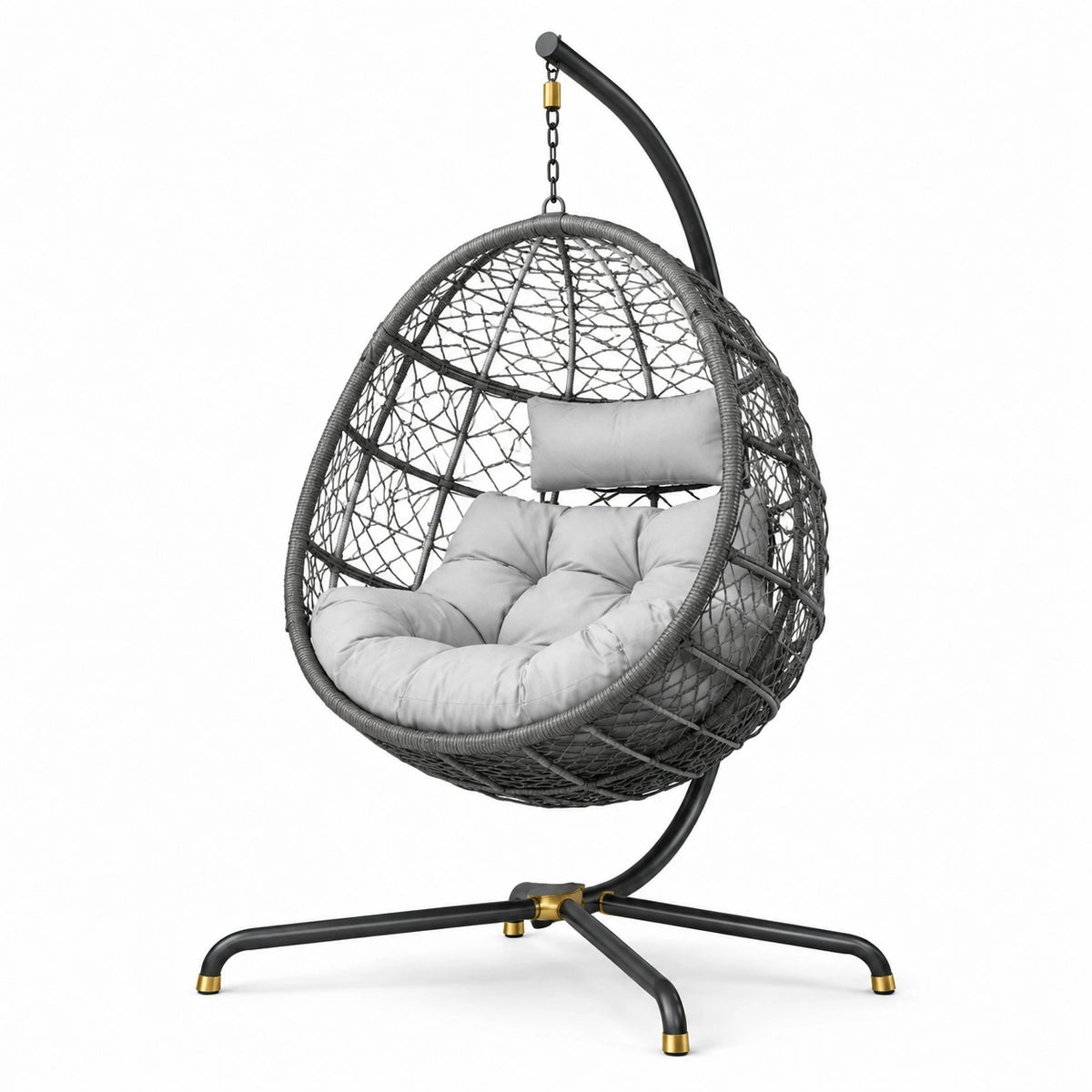 Freistehender Hängesessel mit Stahlgestell und Polyrattan-Korb, Grau/Schwarz/Gold, 105 × 105 × 195 cm