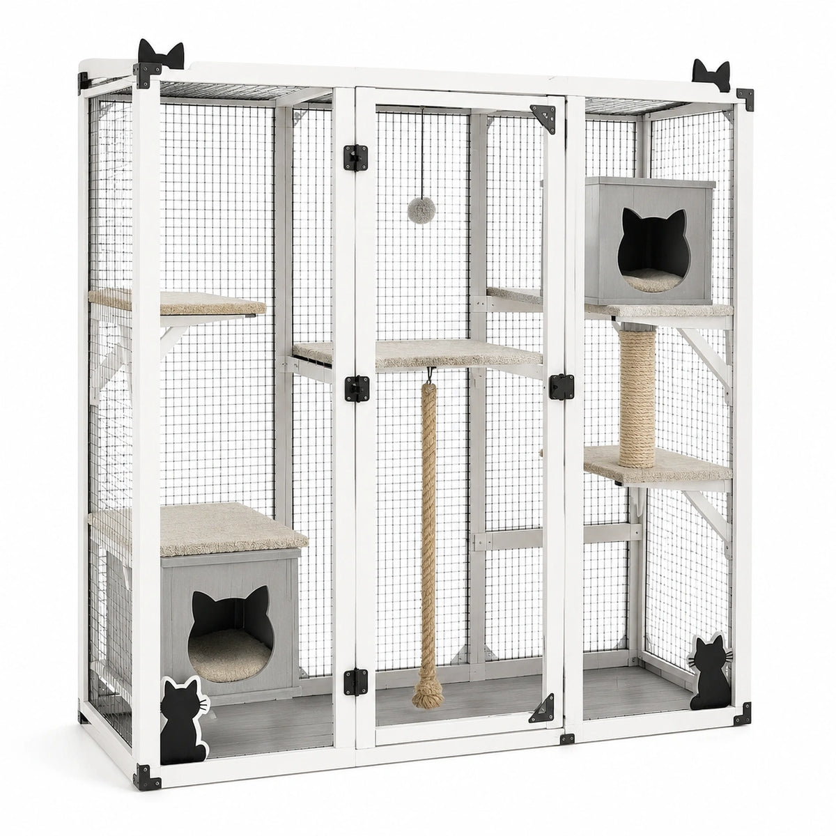 Katzengehege aus Holz und Metall mit Kratzsäule, 120 × 60 × 180 cm, Weiß/Grau/Schwarz/Beige