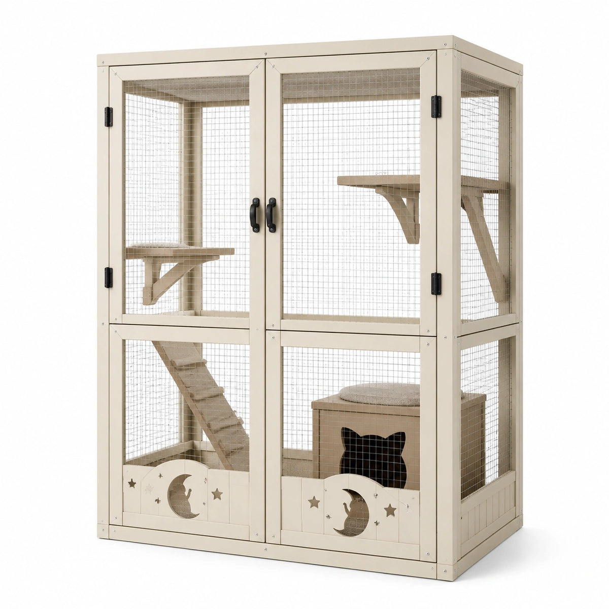 Katzengehege aus Holz und Metallgitter, 110 × 60 × 180 cm, Beige/Schwarz, mit Kletterebenen und Ruhebox