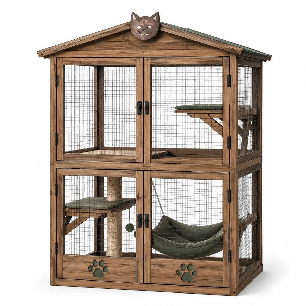 Katzengehege aus Holz und Metallgitter, 120 × 70 × 180 cm, Braun/Grün/Schwarz, mit Dach, Ebenen, Kratzstamm und Hängematte