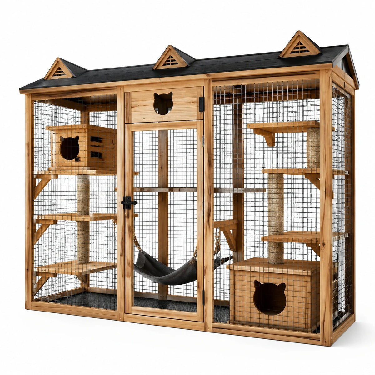 Katzengehege aus Holz mit Metallgitter, Dach, Kletterelementen und Hängematte, 180 × 90 × 180 cm, Natur/Schwarz/Beige