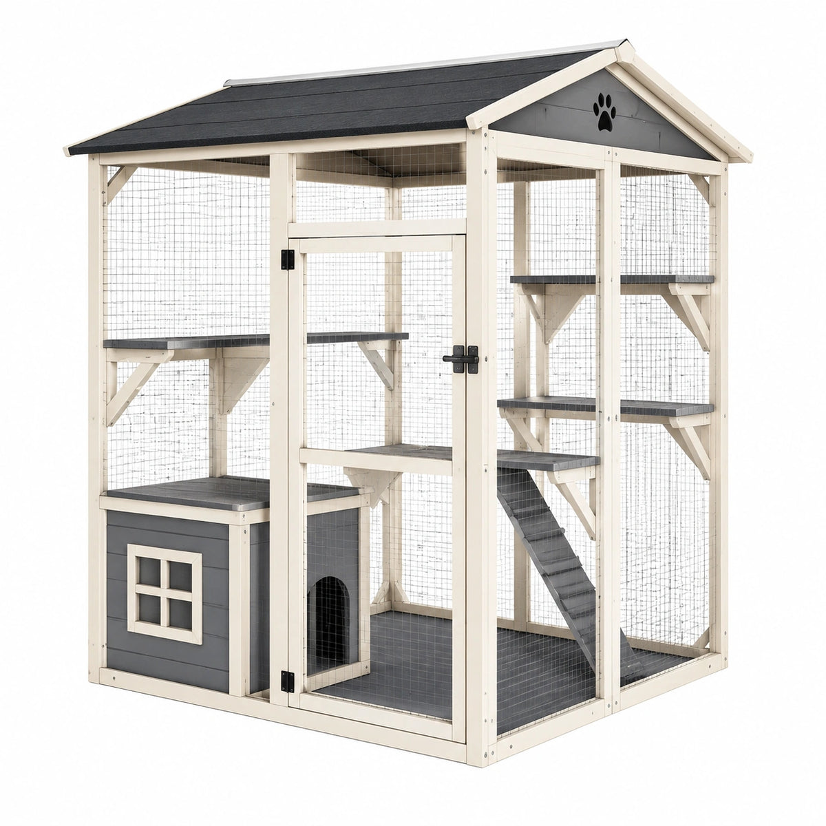 Katzengehege aus Holz und Metallgitter, 120 × 60 × 160 cm, Beige/Anthrazit, mit Kletterebenen, Rampe und Schutzhütte