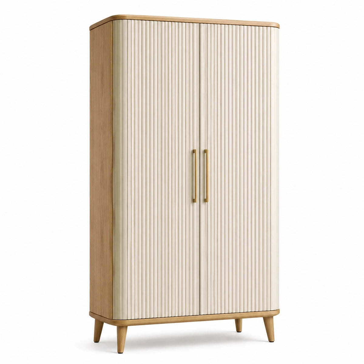 Kleiderschrank 100 × 55 × 190 cm in Naturholz, Weiß und Gold mit 2 geriffelten Türen