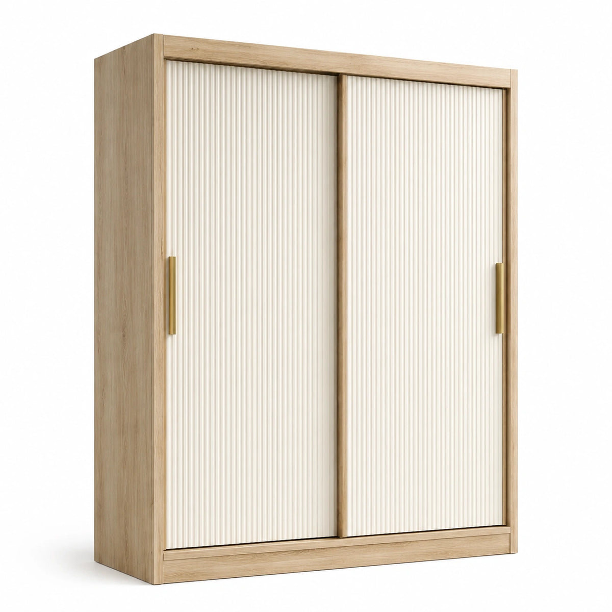 Kleiderschrank 120 x 60 x 200 cm in Eichenoptik, Creme und Gold mit 2 geriffelten Schiebetüren