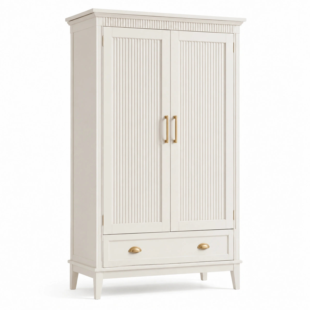 Kleiderschrank 100 × 55 × 190 cm in Cremeweiß mit goldfarbenen Griffen, 2 Türen und 1 Schublade
