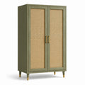 Zweitüriger Kleiderschrank 90 × 45 × 180 cm in Olivgrün mit Rattangeflecht und goldfarbenen Akzenten