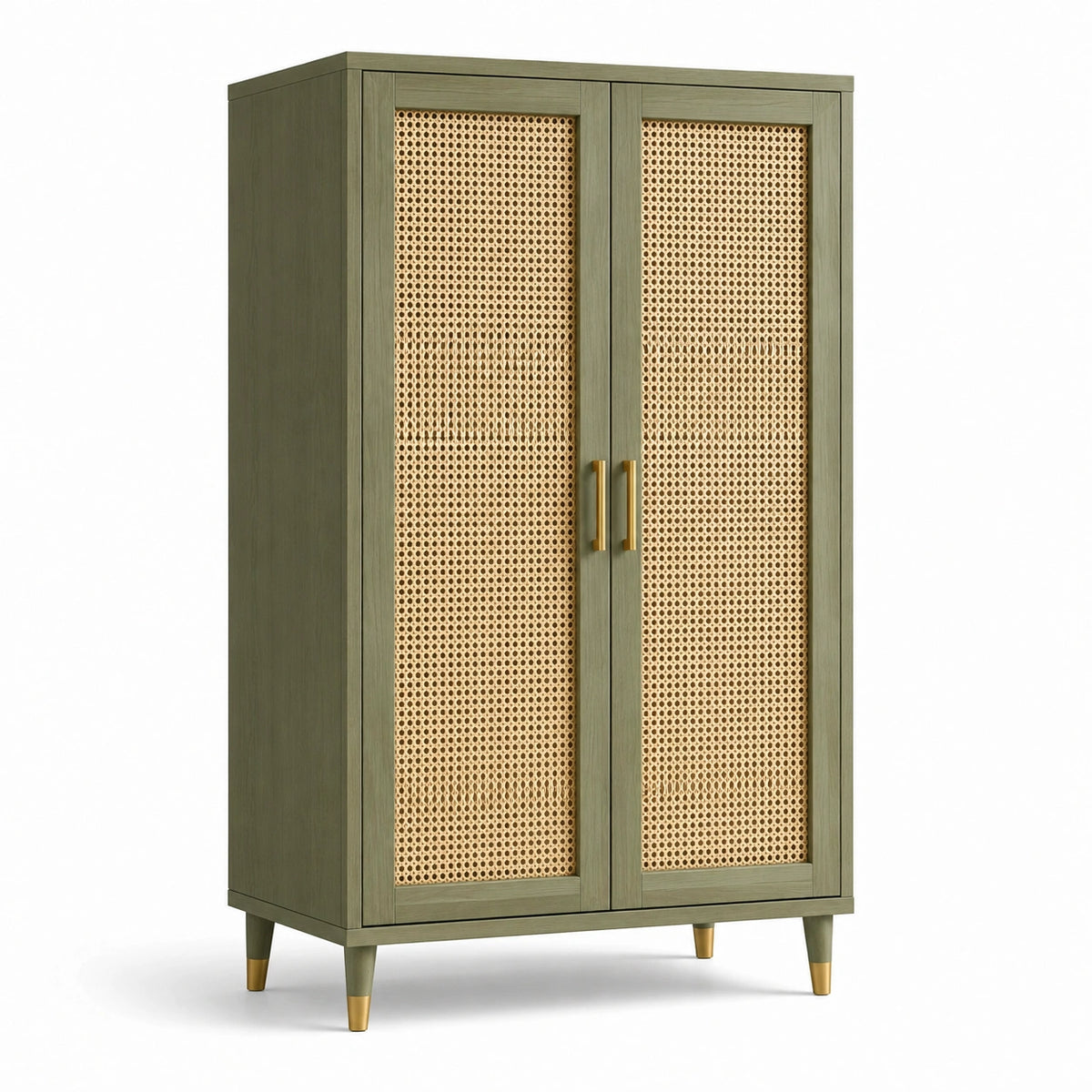 Zweitüriger Kleiderschrank 90 × 45 × 180 cm in Olivgrün mit Rattangeflecht und goldfarbenen Akzenten
