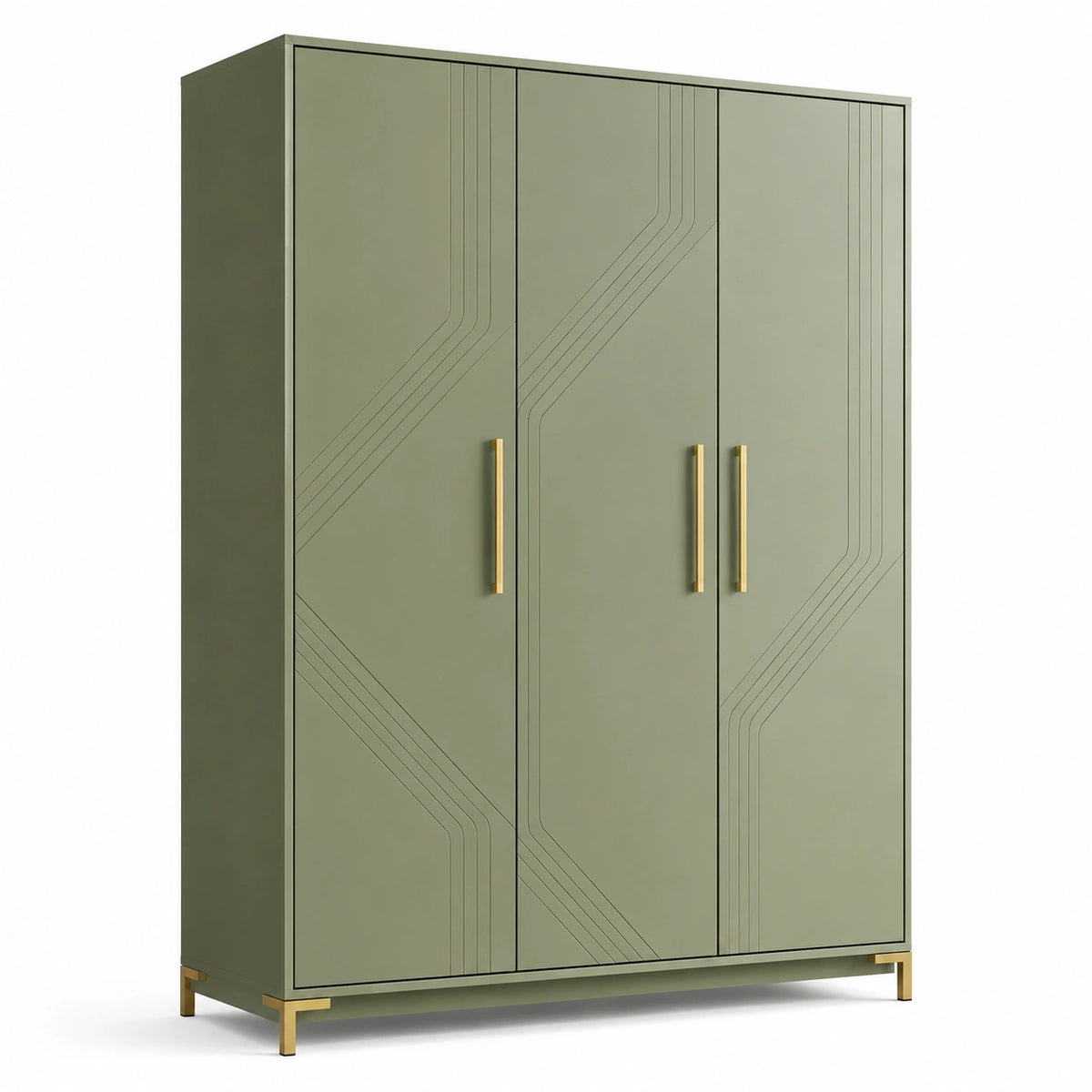 Moderner Kleiderschrank 120 × 55 × 190 cm in Salbeigrün mit 3 Türen und goldfarbenen Griffen