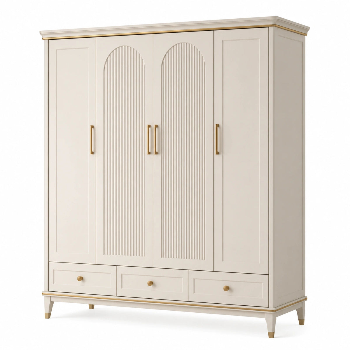 Kleiderschrank 180 × 55 × 200 cm aus Holzwerkstoff in Cremeweiß/Gold mit 4 Türen und 3 Schubladen