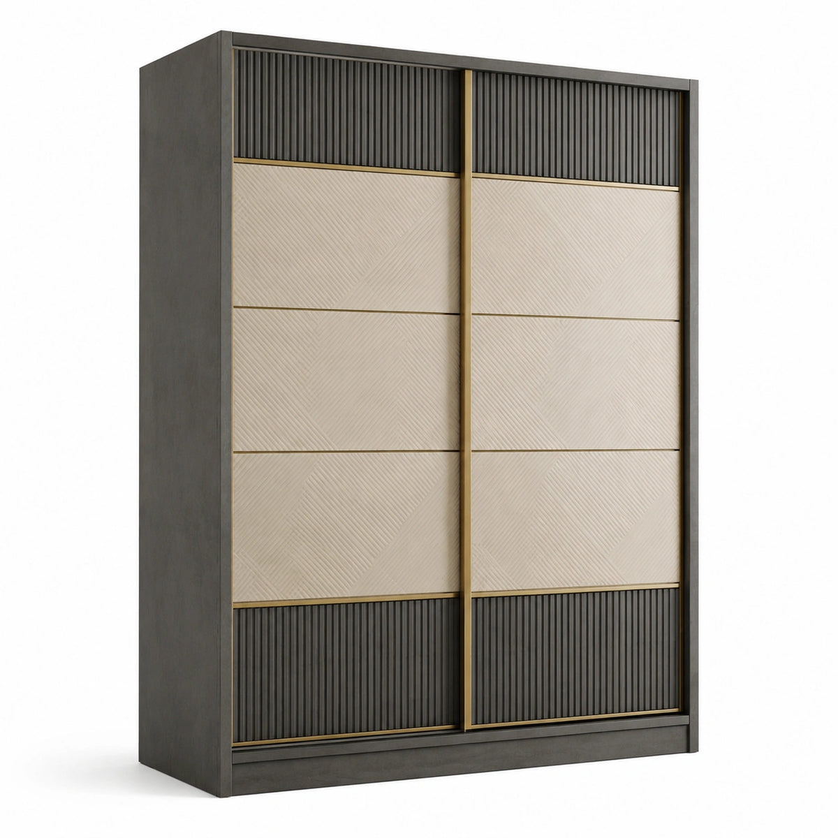 Moderner Kleiderschrank mit 2 Schiebetüren, Schwarz/Beige/Gold, 200 × 60 × 220 cm
