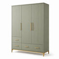 Kleiderschrank 120 × 55 × 200 cm in Salbeigrün mit Goldakzenten, Rillenfront und 4 Schubladen