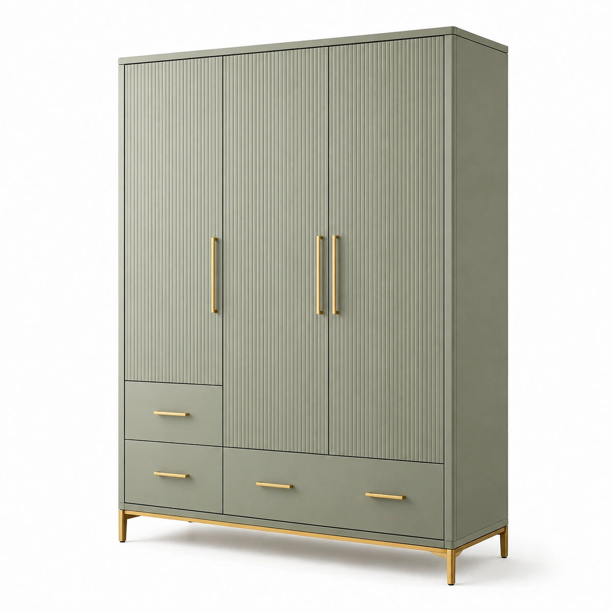 Kleiderschrank 120 × 55 × 200 cm in Salbeigrün mit Goldakzenten, Rillenfront und 4 Schubladen