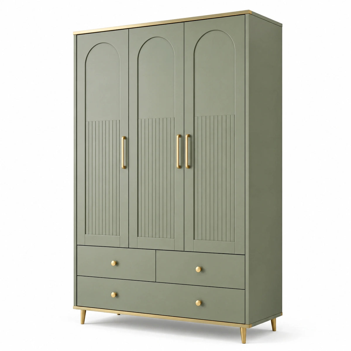 Kleiderschrank 120 × 50 × 200 cm in Grün mit Goldakzenten, 3 Türen und 3 Schubladen