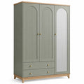 Kleiderschrank 150 × 55 × 200 cm in Salbeigrün mit Naturholz-Akzenten, Spiegeltür und 2 Schubladen
