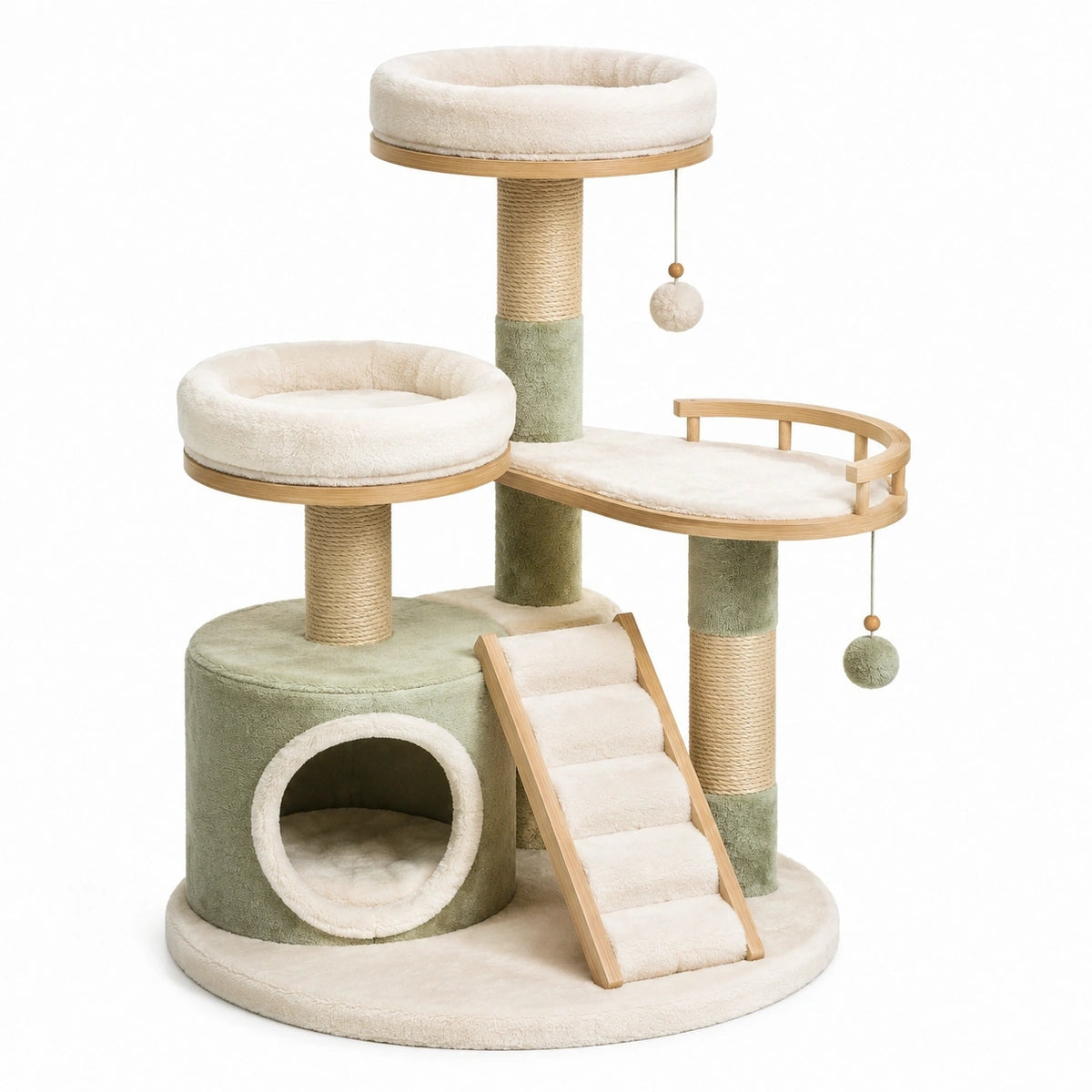 Katzenbaum 60 × 60 × 145 cm in Grün, Creme und Naturholz mit Höhle, Rampe und Sisalkratzsäulen