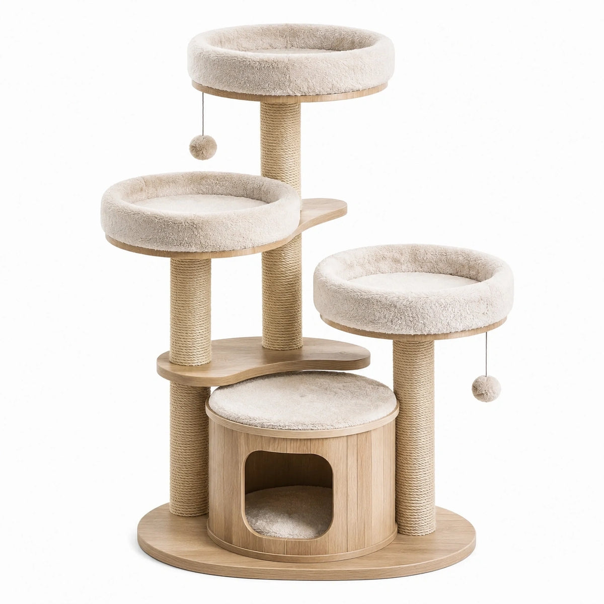 Kratzbaum 60 × 150 cm aus Holz, Sisal und Plüsch in Beige/Naturholz mit 3 Liegeflächen
