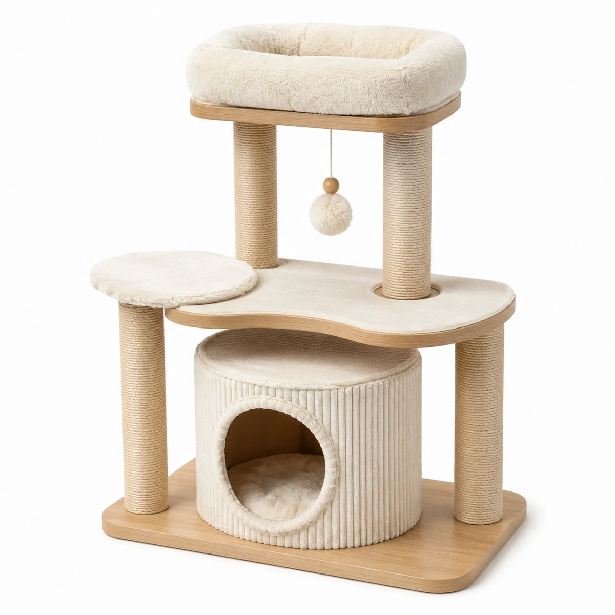 Kratzbaum 60 × 50 × 110 cm aus Holz, Sisal und Plüsch in Creme/Naturholz mit Höhle, Liegeflächen und Spielball