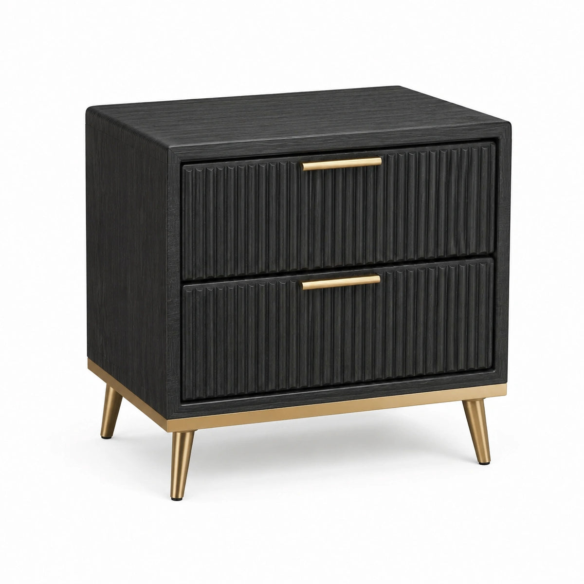 Nachttisch 60 × 45 × 65 cm in Schwarz und Goldfarben mit 2 geriffelten Schubladen