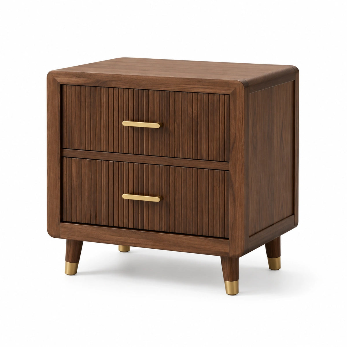 Nachttisch im Retro-Stil mit 2 Schubladen, Holz/Metall, 60 × 45 × 65 cm, Walnussbraun/Gold