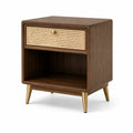 Nachttisch aus Holz und Rattan, Braun/Natur/Gold, 50 × 40 × 60 cm, mit Schublade und offenem Fach