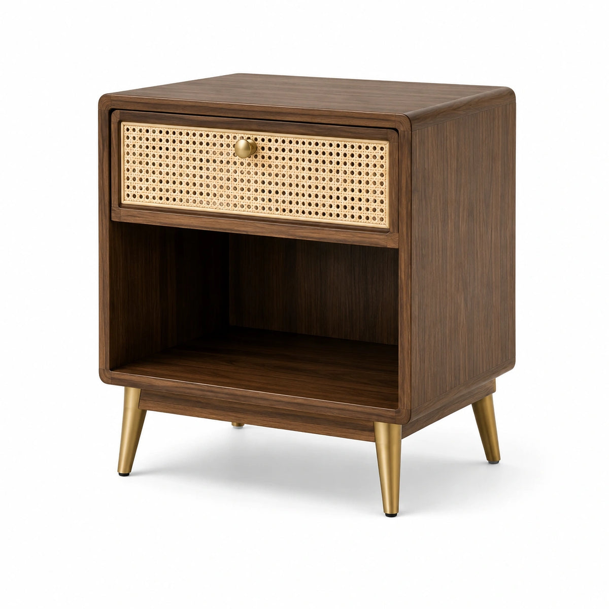 Nachttisch aus Holz und Rattan, Braun/Natur/Gold, 50 × 40 × 60 cm, mit Schublade und offenem Fach