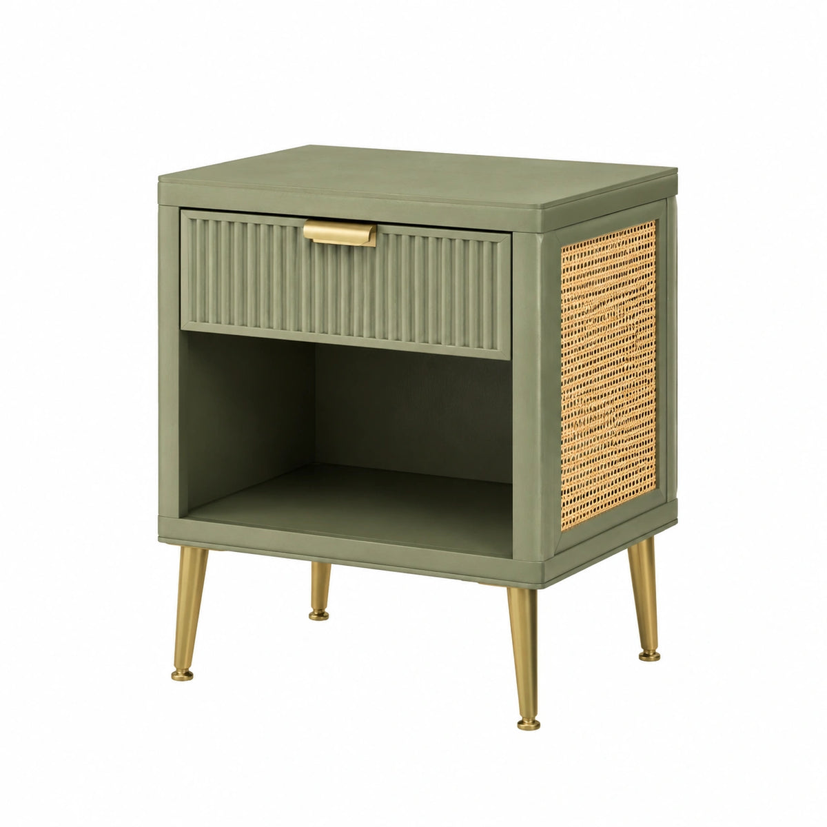 Nachttisch 45 × 40 × 60 cm aus Holz, Rattan und Metall mit Schublade in Grün/Natur/Gold